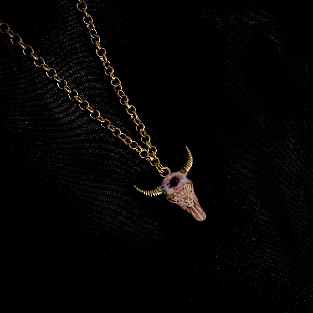 Handmade Gold Floral Bull Skull Pendant Necklace